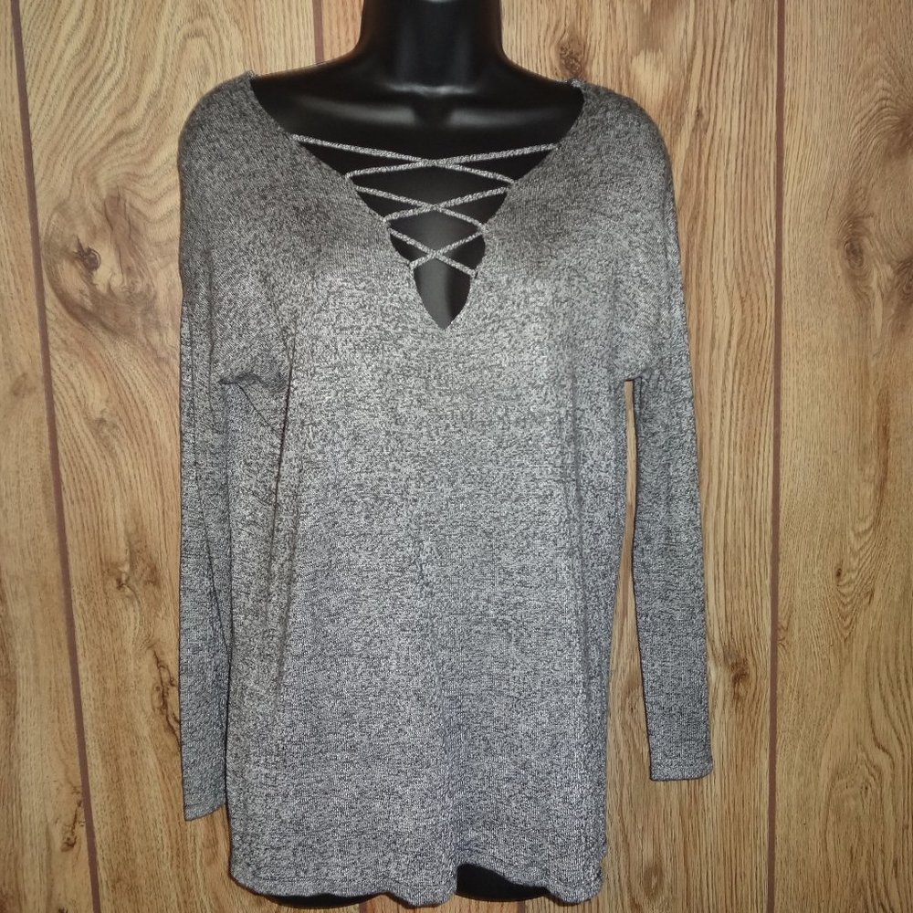 Altar'd State Knit  Lace Front Sweater Gray
